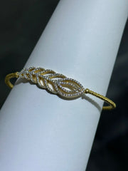 LIV 18k Yellow Gold Sterling Silver White Sapphire Feather Leaf Design Pave Cable Design Bangle Bracelet Gift 7" Length