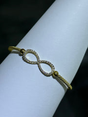 LIV 18k Yellow Gold Sterling Silver White Sapphire Infinity Design Pave Cable Bangle Bracelet Gift 7" Length