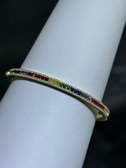 LIV 18k Gold Sterling Silver Rainbow Sapphire Halo Baguette Cut Channel Design Pave Eternity Bangle Bracelet Gift 7" Length