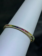 LIV 18k Gold Sterling Silver Rainbow Sapphire Halo Baguette Cut Channel Design Pave Eternity Bangle Bracelet Gift 7" Length