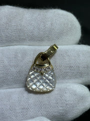 LIV 14k Yellow Gold & Natural White Diamonds Mother of Pearl Custom Made Purse Pocket Book Charm Pendant