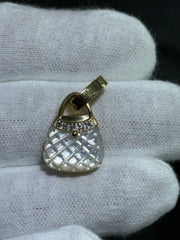 LIV 14k Yellow Gold & Natural White Diamonds Mother of Pearl Custom Made Purse Pocket Book Charm Pendant
