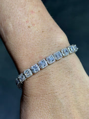 LIV Platinum Sterling Silver White Sapphire Princess Cut Pave Halo Tennis Bracelet Gift 7" Length