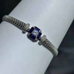 LIV Platinum Sterling Silver Blue & White Sapphire Cushion Halo Vintage Style Hand Made Mesh Lobster Lock Bracelet Gift