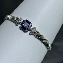LIV Platinum Sterling Silver Blue & White Sapphire Cushion Halo Vintage Style Hand Made Mesh Lobster Lock Bracelet Gift