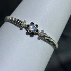 LIV Platinum Sterling Silver Blue & White Sapphire Flower Halo Hand Made Mesh Lobster Lock Bracelet Gift