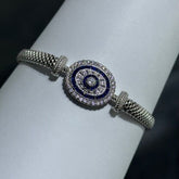 LIV Platinum Sterling Silver Blue & White Sapphire Evil Eye Halo Design Hand Made Mesh Lobster Lock Bracelet Gift