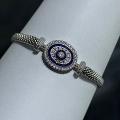 LIV Platinum Sterling Silver Blue & White Sapphire Evil Eye Halo Design Hand Made Mesh Lobster Lock Bracelet Gift