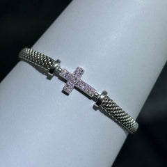 LIV Platinum Sterling Silver Pave White Sapphire Sideway Cross Halo Design Hand Made Mesh Lobster Lock Bracelet Gift