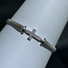 LIV Platinum Sterling Silver Pave White Sapphire Sideway Cross Halo Design Hand Made Mesh Lobster Lock Bracelet Gift