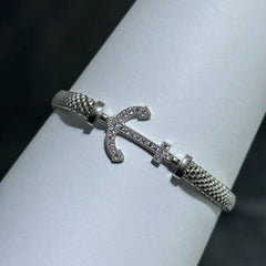LIV Platinum Sterling Silver Pave White Sapphire Sideway Anchor Halo Design Hand Made Mesh Lobster Lock Bracelet Gift