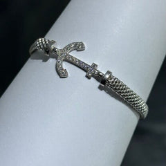 LIV Platinum Sterling Silver Pave White Sapphire Sideway Anchor Halo Design Hand Made Mesh Lobster Lock Bracelet Gift