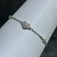 LIV Platinum Sterling Silver Pave White Sapphire Heart Halo Design Hand Made Unique Lock Tennis Stack Bracelet Gift