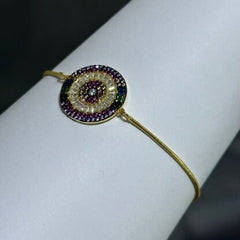 LIV 18k Yellow Gold Sterling Silver Pave Rainbow Sapphire Evil Eye Disk Halo Design Hand Made Adjustable Tennis Stack Bracelet Gift