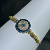 LIV 18k Yellow Gold Sterling Silver Pave Blue Sapphire & Turquoise Evil Eye Disk Halo Design Hand Made Adjustable Tennis Stack Bracelet Gift