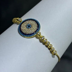 LIV 18k Yellow Gold Sterling Silver Pave Blue Sapphire & Turquoise Evil Eye Disk Halo Design Hand Made Adjustable Tennis Stack Bracelet Gift