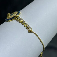 LIV 18k Yellow Gold Sterling Silver Pave Blue Sapphire & Turquoise Evil Eye Disk Halo Design Hand Made Adjustable Tennis Stack Bracelet Gift