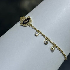 LIV 18k Yellow Gold Sterling Silver Pave Blue & White Sapphire Evil Eye Hamsa Halo Design Hand Made Dangle Tennis Stack Bracelet Gift