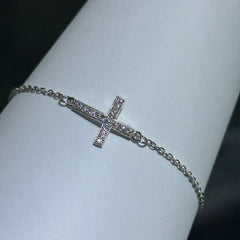 LIV Platinum Sterling Silver Pave White Sapphire Sideway Cross Halo Design Hand Made Cable Link Stack Bracelet Gift