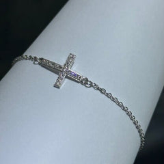 LIV Platinum Sterling Silver Pave White Sapphire Sideway Cross Halo Design Hand Made Cable Link Stack Bracelet Gift