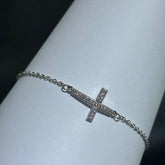 LIV Platinum Sterling Silver Pave White Sapphire Sideway Cross Halo Design Hand Made Cable Link Stack Bracelet Gift