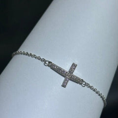 LIV Platinum Sterling Silver Pave White Sapphire Sideway Cross Halo Design Hand Made Cable Link Stack Bracelet Gift