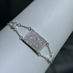 LIV Platinum Sterling Silver Pave White Sapphire Rectangular Sideway Halo Design Hand Made Cable Link Stack Bracelet Gift