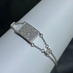 LIV Platinum Sterling Silver Pave White Sapphire Rectangular Sideway Halo Design Hand Made Cable Link Stack Bracelet Gift