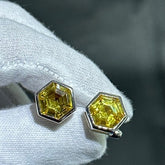 LIV Platinum Sterling Silver Hand Made Hexagon Cut Halo Yellow Sapphire Stone Unique Cuff Links Bridal Wedding Gift ift G