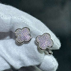 LIV Platinum Sterling Silver Hand Made Micro Pave White Sapphire Clover Design Halo Unique Cuff Links Bridal Wedding Gift ift G