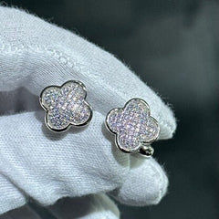 LIV Platinum Sterling Silver Hand Made Micro Pave White Sapphire Clover Design Halo Unique Cuff Links Bridal Wedding Gift ift G