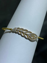 LIV 18k Yellow Gold Sterling Silver White Sapphire Feather Leaf Design Pave Cable Design Bangle Bracelet Gift 7" Length