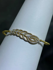 LIV 18k Yellow Gold Sterling Silver White Sapphire Feather Leaf Design Pave Cable Design Bangle Bracelet Gift 7" Length