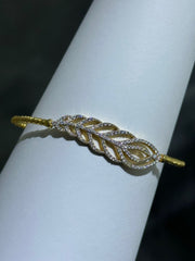 LIV 18k Yellow Gold Sterling Silver White Sapphire Feather Leaf Design Pave Cable Design Bangle Bracelet Gift 7" Length
