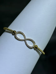LIV 18k Yellow Gold Sterling Silver White Sapphire Infinity Design Pave Cable Bangle Bracelet Gift 7" Length