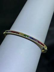 LIV 18k Gold Sterling Silver Rainbow Sapphire Halo Baguette Cut Channel Design Pave Eternity Bangle Bracelet Gift 7" Length