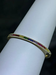 LIV 18k Gold Sterling Silver Rainbow Sapphire Halo Baguette Cut Channel Design Pave Eternity Bangle Bracelet Gift 7" Length