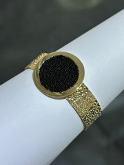 LIV 18k Yellow Gold Sterling Silver Oval Halo Design Unique Hand Made Hammered Cuff Bangle Bracelet Gift