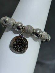 LIV Platinum Sterling Silver Diamond Cut Bead Design Stretch Halo Hand Made Tennis Dangle Stack Bracelet Gift