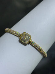 LIV 18k Yellow Gold Sterling Silver Pave White Sapphire Cushion Design Halo Hand Made Bangle Stack Bracelet Gift