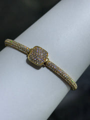 LIV 18k Yellow Gold Sterling Silver Pave White Sapphire Cushion Design Halo Hand Made Bangle Stack Bracelet Gift