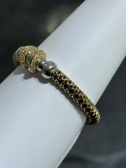 LIV 18k Yellow Gold Sterling Silver Diamond Cut Bead Design Halo Mesh Hand Made Stretch Bangle Stack Bracelet Gift