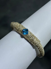 LIV Sterling Silver .925 Blue Topaz Unique Vintage Design Hand Made Bali Soft Bangle Stack Bracelet Gift