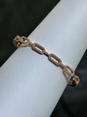 LIV 18k Rose Gold Sterling Pave White Sapphire Link Design Hand Made Stackable Bangle Bracelet Gift