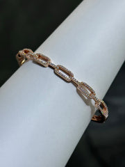 LIV 18k Rose Gold Sterling Pave White Sapphire Link Design Hand Made Stackable Bangle Bracelet Gift