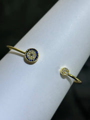 LIV 18k Yellow Gold Sterling Pave Blue & White Sapphire Round Halo Evil Eye Design Hand Made Cable Cuff Bangle Bracelet Gift