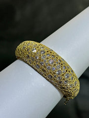 LIV 18k Yellow Gold Sterling White Sapphire Round Halo Chunky Dome Design Hand Made Cable Bangle Bracelet Gift