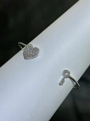 LIV Platinum Sterling Pave White Sapphire Heart & Key Halo Cable Design Hand Made Cuff Bangle Bracelet Gift