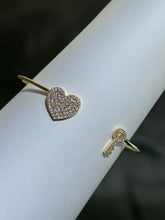LIV 18k Yellow Gold Sterling Silver Pave White Sapphire Heart & Key Design Hand Made Stackable Cuff Bangle Bracelet Gift