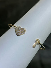 LIV 18k Yellow Gold Sterling Silver Pave White Sapphire Heart & Key Design Hand Made Stackable Cuff Bangle Bracelet Gift